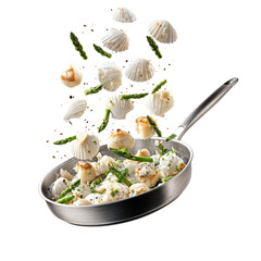 Seared scallops with green asparagus and herbs flying in silver pan isolated on transparent background