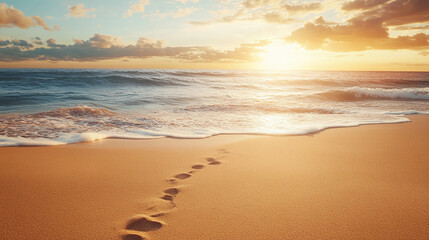 A beach with a sunset in the background