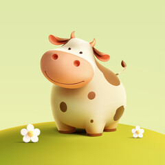 3D cow on a green field. Cute, cheerful character. For dairy product concepts. Farming ecological goods. Vector illustration.