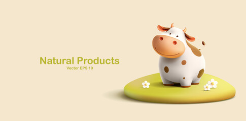 3D cow standing on a green field with daisies. For concepts of village, farm, and home farm products. Childhood, eco products. Vector illustration.