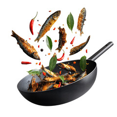 Crispy fried fish with chili and herbs flying in black wok isolated on transparent background