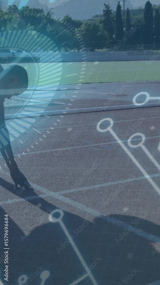 Poster circuit board and data processing animation over athlete preparing to run on track