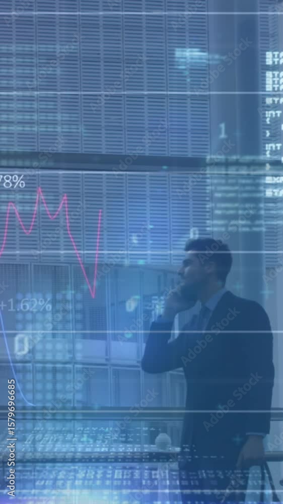Aufkleber animation of financial data processing over businessman using smartphone