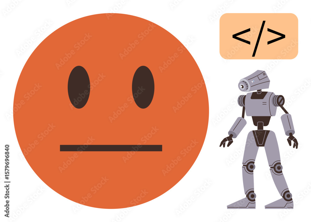 Poster neutral orange face beside coding tag and humanoid robot, showcasing human emotion vs artificial int