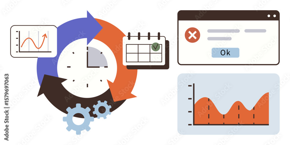 Poster circular process with arrows, clock, gears, charts, error message, and calendar. ideal for workflow,