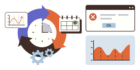 Obraz premium Circular process with arrows, clock, gears, charts, error message, and calendar. Ideal for workflow, time management, productivity planning analytics troubleshooting and process optimization