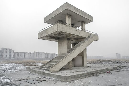 Concrete observation tower amidst a desolate landscape