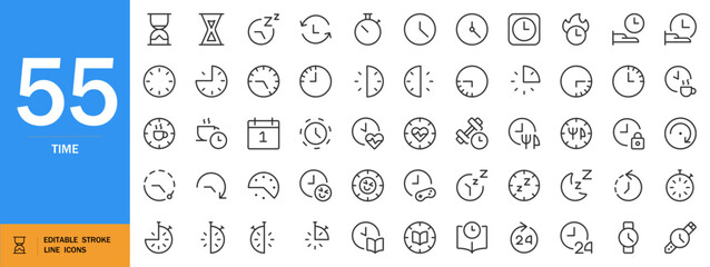 Time icon set. Minimalist vector clock symbols. Includes hourglass, calendar, watch hands, sleep tracking, digital clocks, rest periods and more. Editable flat line art.