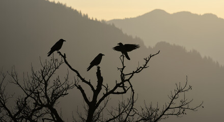 Misty mountain landscape with crows on barren tree