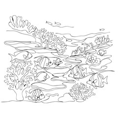 Underwater ocean scene with fish and corals in continuous single line art drawing. Sea life concept. Vector illustration for coloring book, banner, education