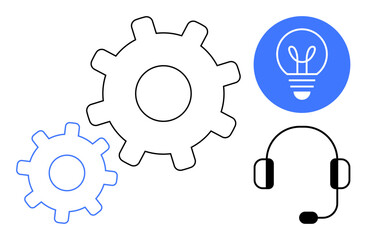Gears symbolize teamwork, headset represents communication, and a light bulb signifies ideas. Ideal for innovation, customer support, systems, problem-solving, creativity, teamwork and a simple