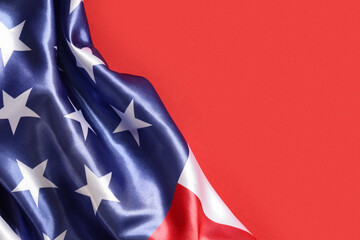 Flag of USA on red background, closeup. Memorial Day celebration