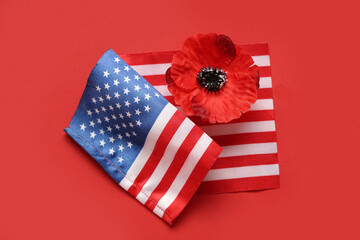 Flag of USA and poppy flower on red background. Memorial Day celebration