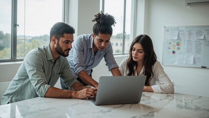 Collaborative team brainstorming together ideas using laptop in bright office space