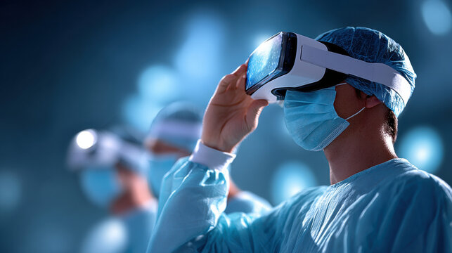 Surgeon operating room using virtual reality headset for medical training or surgical planning, wearing surgical mask and gown, with another medical professional background, high tech medical