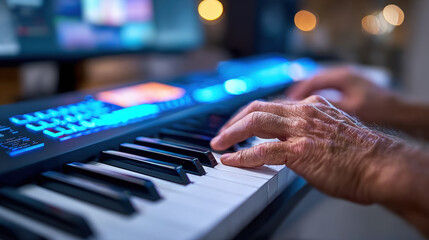 Obraz premium Close up of elderly hands playing digital keyboard with colorful backlit keys, creating vibrant and inspiring musical atmosphere in cozy indoor setting