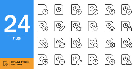 Time files icon set. Minimal line art vector icons. Includes time, date, checkmark, lock symbols for digital protection, documents and more. Editable black stroke on white.