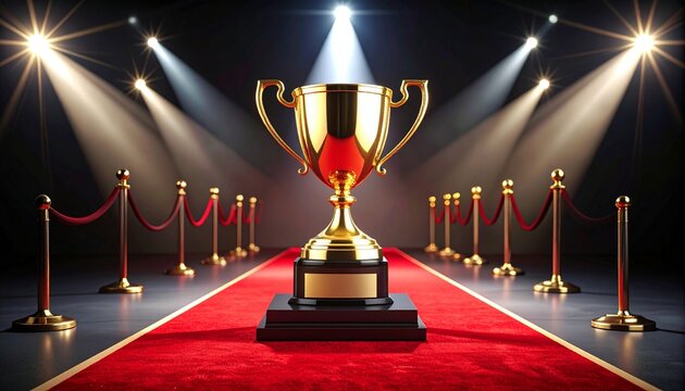 Elegant gold trophy on stage with blank nameplate, red carpet, and spotlight for ceremony or achievement award concept