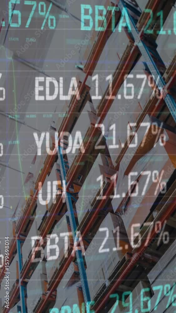 Poster animation of stock market and financial data processing over empty warehouse