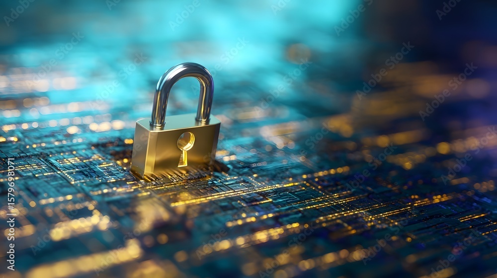 Poster a metallic padlock resting on a circuit board, symbolizing cybersecurity.