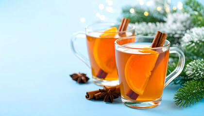 Two Mugs of Spiced Tea with Orange Slices and Cinnamon Sticks