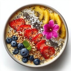 Delicious and Healthy Smoothie Bowl with Fresh Strawberries, Blueberries, Golden Kiwi, Coconut Flakes, Chia Seeds, Granola, and a Pink Flower, Top View on a White Background, Perfect for a Nutritious