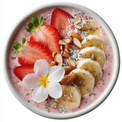 Delicious Strawberry Banana Smoothie Bowl with Almonds, Coconut Flakes, and Chia Seeds Topped with a White Flower, a Healthy and Nutritious Breakfast or Dessert Option, Perfect for a Refreshing and