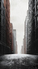 Urban Canyon Perspective with Tall Buildings and Textured Ground, Cityscape Architecture with a Dramatic and Atmospheric Feel, Featuring a Long View Down a Street Lined with Skyscrapers