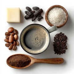 Coffee Cup Surrounded by Coffee Beans, Ground Coffee, Rice, Shea Butter, and Roasted Chicory Root on a White Background, Flat Lay Composition for Culinary and Wellness Concepts