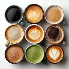 Overhead View of Varied Coffee and Tea Drinks in Ceramic Mugs on White Background, Including Black Coffee, Latte Art, Matcha Tea, and Cappuccino, Perfect for Morning Beverage and Cafe Concepts