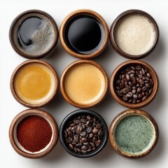 Assortment of Coffee Preparations in Wooden Bowls: Black Coffee, Latte, Espresso, Coffee Beans, Ground Coffee, and Matcha Latte on a Clean White Background, Displaying Variety and Coffee Culture