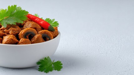 Delicious Mushroom and Soy Meat Stew in a White Bowl Garnished with Fresh Parsley and a Red Chili Pepper on a Light Gray Background, Perfect for Food Photography and Culinary Content