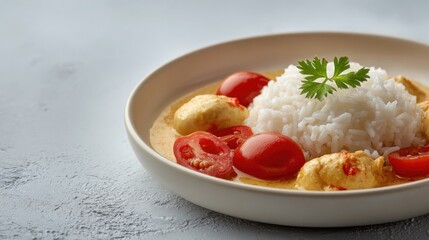 Delicious Chicken Curry with White Rice, Cherry Tomatoes, and Parsley Garnish Served in a Modern White Bowl on a Textured Gray Background, Close-Up Shot of Asian Cuisine