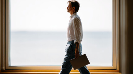 Man standing by large window overlooking ocean, holding folder and gazing outside with contemplative expression, in bright room with natural light, evoking sense of reflection and tranquility