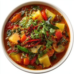 Delicious Vegetable Curry in a White Bowl, Featuring Potatoes, Tomatoes, Spinach, and Chili Peppers, Garnished with Fresh Cilantro and Curry Leaves, Perfect for Healthy Eating and Vegetarian Cuisine