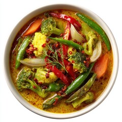 Delicious Vegetable Curry in a Bowl: A Vibrant and Healthy Dish Featuring Broccoli, Carrots, Peppers, and Onions in a Rich, Creamy Sauce, Garnished with Fresh Dill, Perfect for Food Photography and