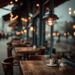 Atmospheric Cafe Scene with Vintage Lighting, Wooden Tables, and Coffee, Creating a Cozy and Inviting Ambiance for Relaxation and Socializing, Perfect for Lifestyle, Food, and Travel Photography