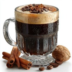 Iced Coffee in Glass Mug with Coffee Beans, Star Anise, Cinnamon Sticks and Walnut on White Background, Refreshing Cold Brew Coffee Drink with Spices and Nuts, Perfect for Summer, Coffee Break