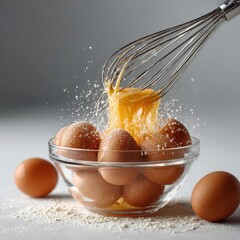 Close-up of Eggs Being Whisked in a Glass Bowl with Flour, Capturing the Splatter and Movement, Perfect for Baking and Cooking Content, Set Against a Clean, Minimalist Background