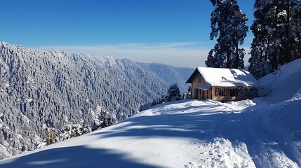 Snowy mountain cabin scenic landscape