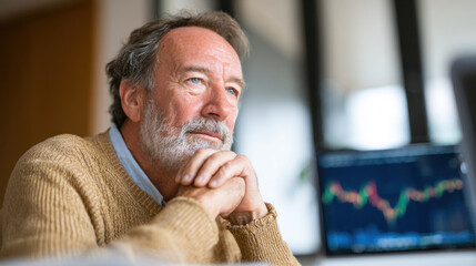 Mature man with gray hair and beard looking thoughtful while sitting desk with computer displaying stock market charts modern office environment contemplating investment decisions or market trends