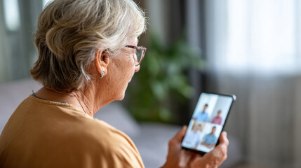 Senior woman engaging in video call on her smartphone, sitting comfortably at home with bright background and natural light, showing happiness and connection, possibly with family or friends