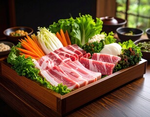  High-resolution photograph of raw pork belly on the table with various vegetables and ingredients for hot pot or shabu-shabu.