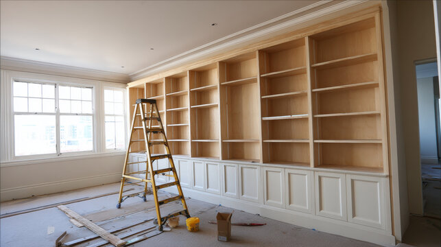 Built in bookshelves being meticulously installed in bright room with large windows, featuring combination of open shelves and cabinet doors, creating functional and elegant storage space