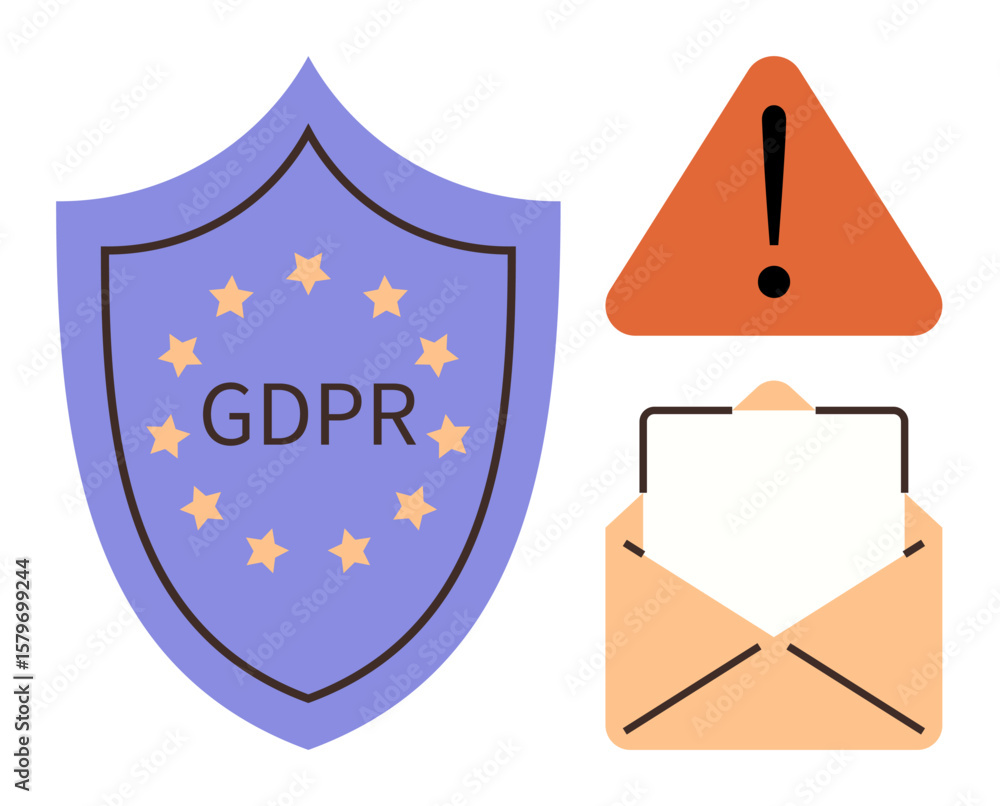 Poster shield labeled gdpr beside a warning triangle and open envelope. ideal for data privacy, security, e