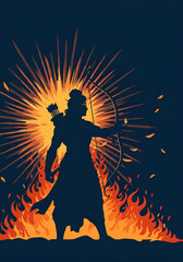 Silhouette Illustration of Hindu God Rama with Bow and Arrow on Fire Background