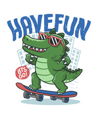 Crocodile skateboard hand drawn illustration, ready for print on t-shirt and other uses.