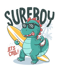 Cool dinosaur surfing hand drawn illustration, ready for print on t-shirt and other uses.