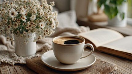 Coffee breakfast nook for quiet time concept. A cozy scene with coffee, flowers, and an open book on a table.