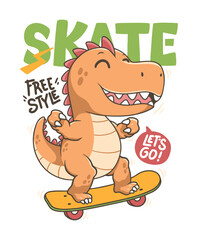Cool dinosaur play skateboard hand drawn illustration, ready for print on t-shirt and other uses.